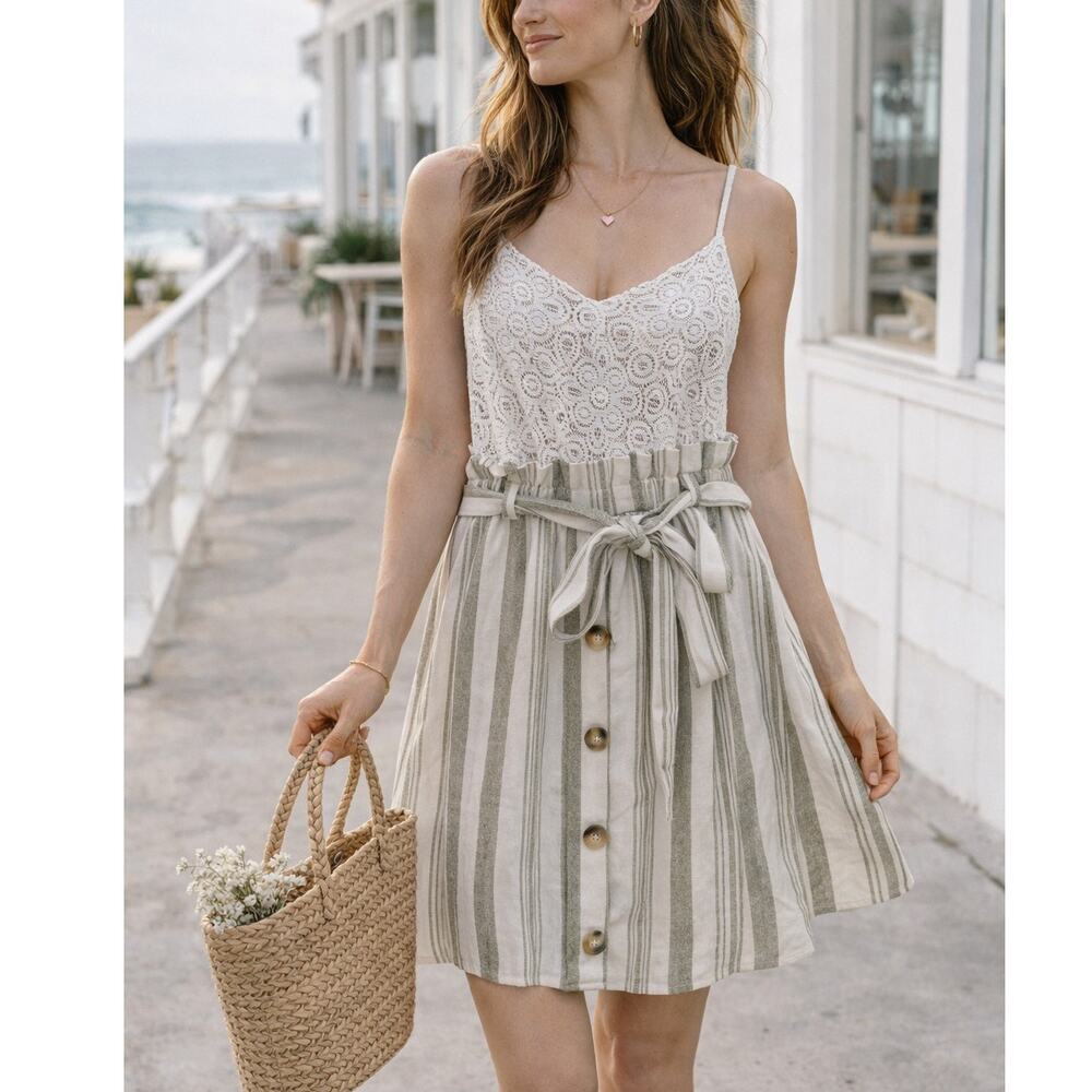 City Triangles NWT Lace Top Striped Mini Dress Tie Waist Coastal Boho